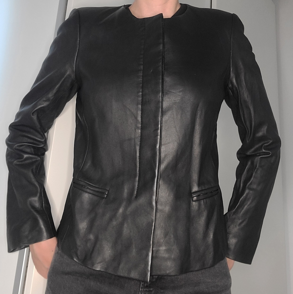 Black leather jacket talbots collarless size 4